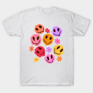 Trippy Melting Smiling Faces with Flowers T-Shirt